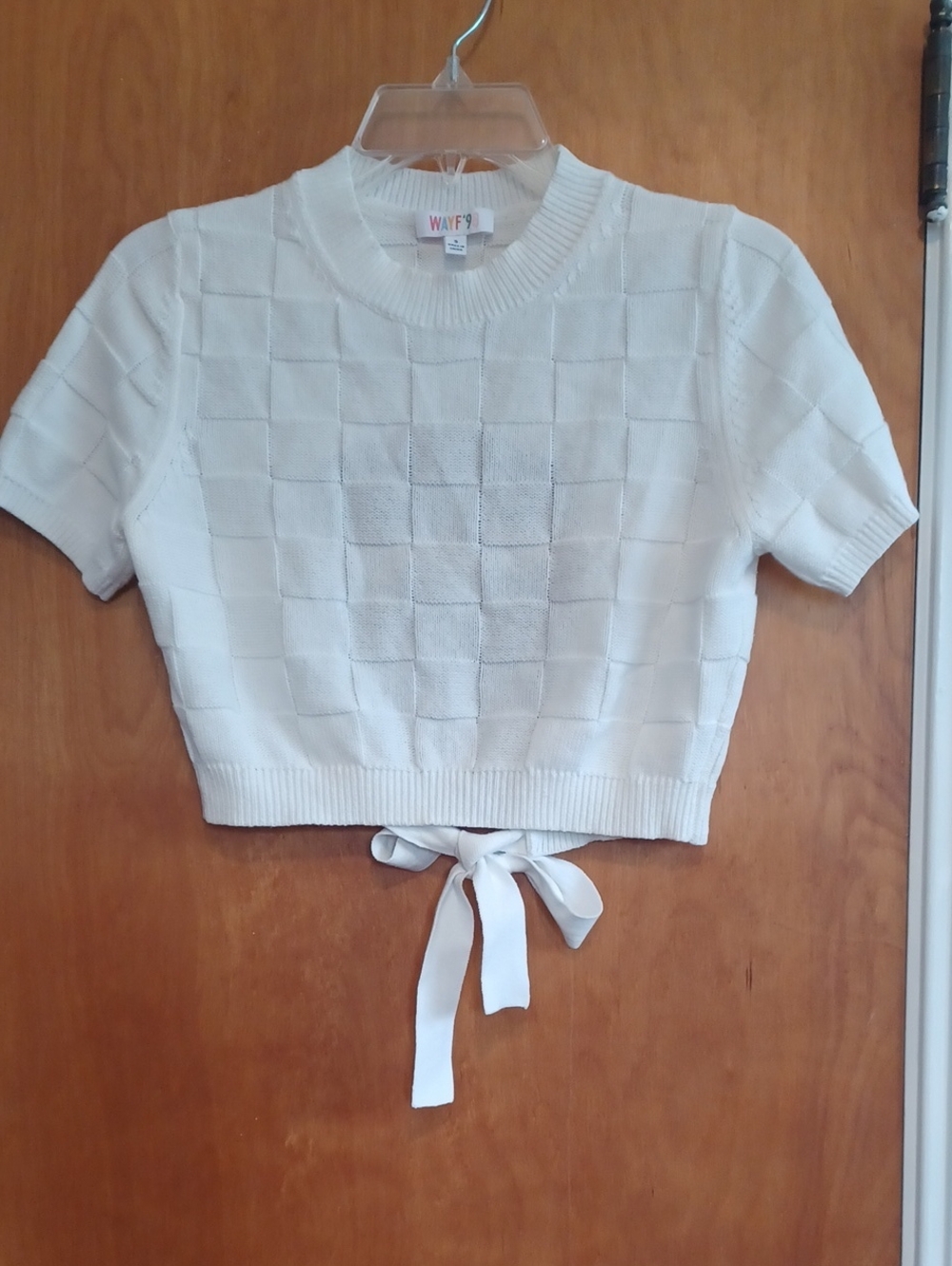 WAYF98 CROP TOP SWEATER.  CHECK PATTERN. IVORY.  BACK TIE.  SZ. S. COTTON. EUC!